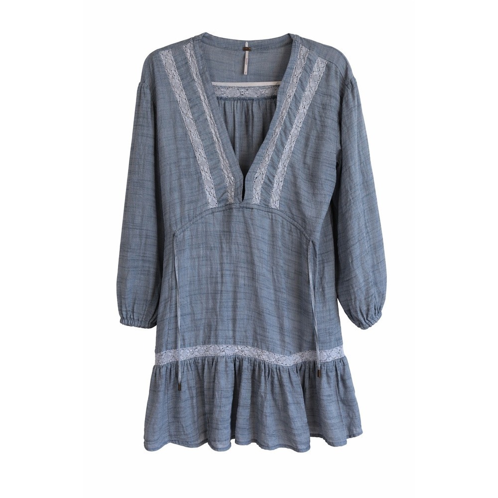 Free People Blue Gray Lace Babydoll Mini Dress Small Petite Boho Fairy Grunge